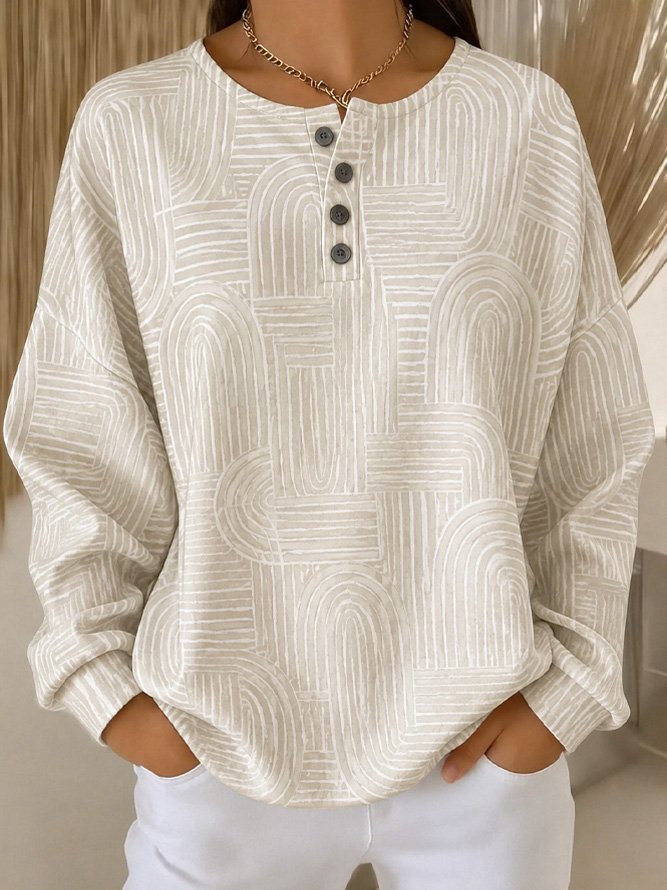 Casual Henley Collar Geometric Sweatshirt
