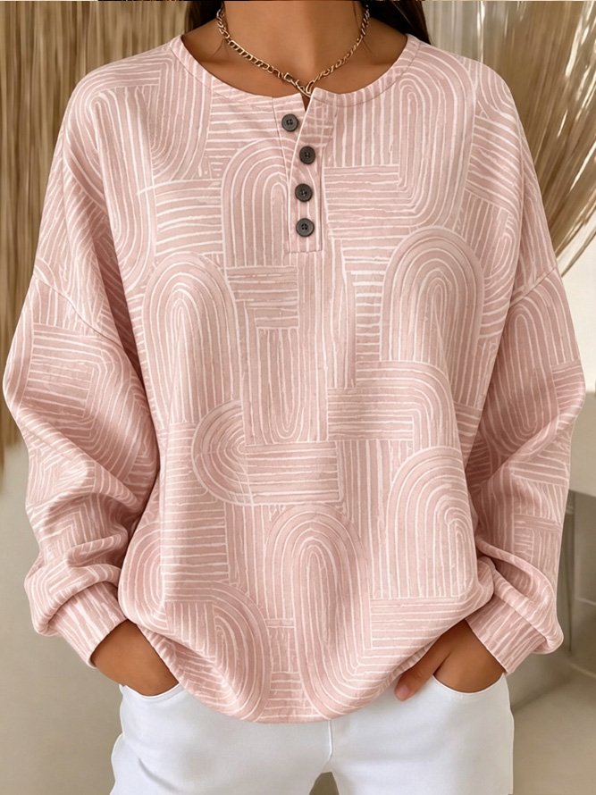 Casual Henley Collar Geometric Sweatshirt