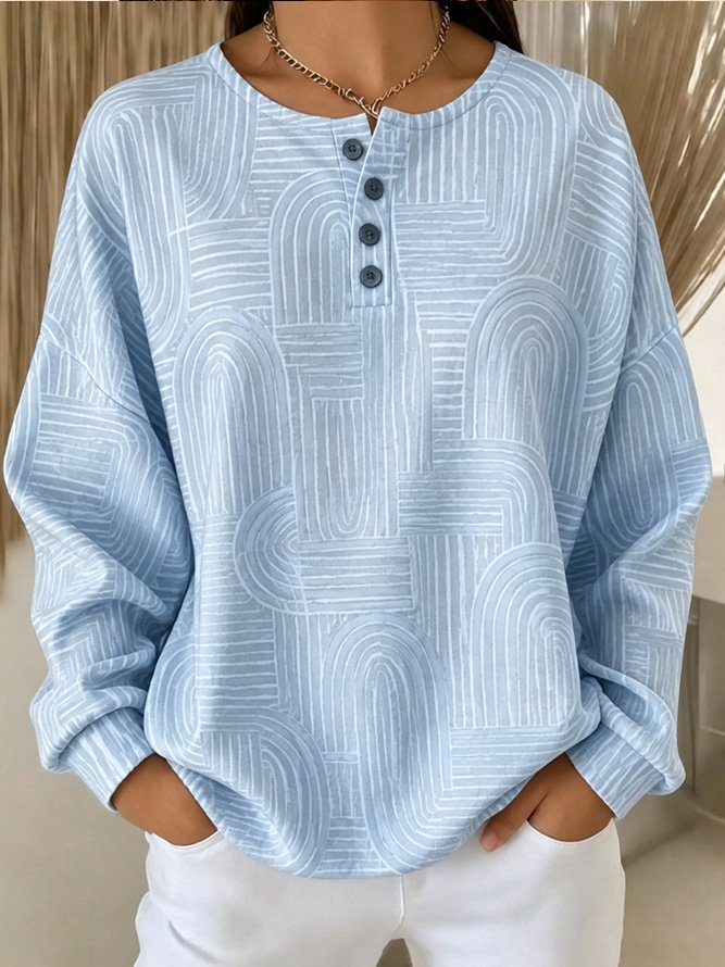 Casual Henley Collar Geometric Sweatshirt