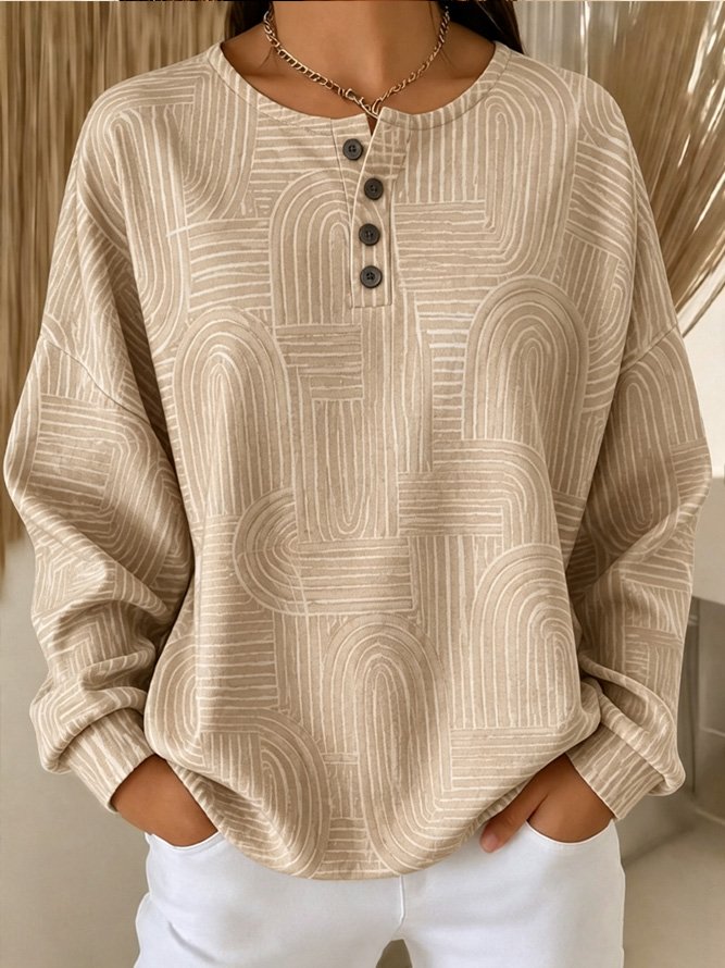 Casual Henley Collar Geometric Sweatshirt