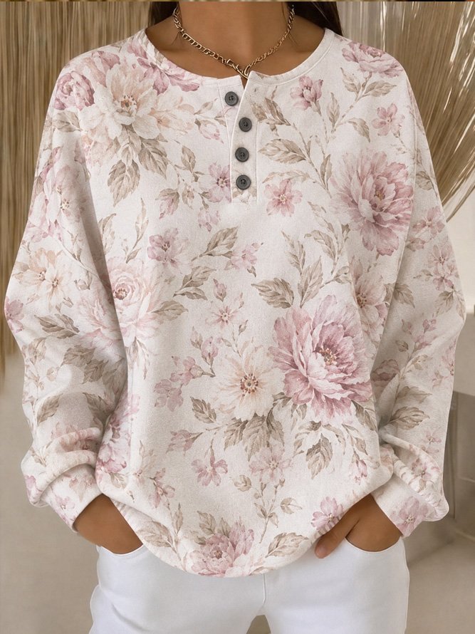 Casual Henley Collar Floral Sweatshirt