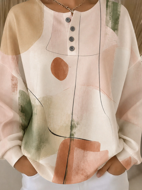 Casual Henley Collar Abstract Graphic Sweatshirt