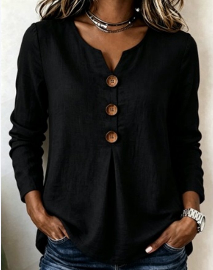 Notched Long Sleeve Plain Lightweight Micro-Elasticity Regular Fit Blouse For Women