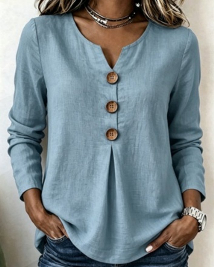 Notched Long Sleeve Plain Lightweight Micro-Elasticity Regular Fit Blouse For Women