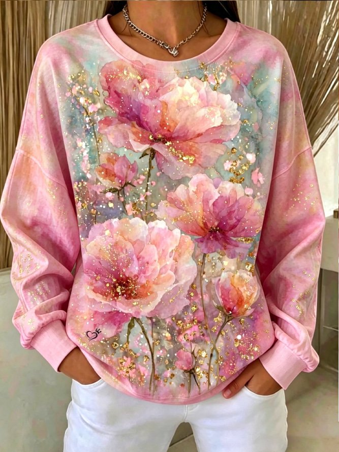 Casual Crew Neck Floral Sweatshirt