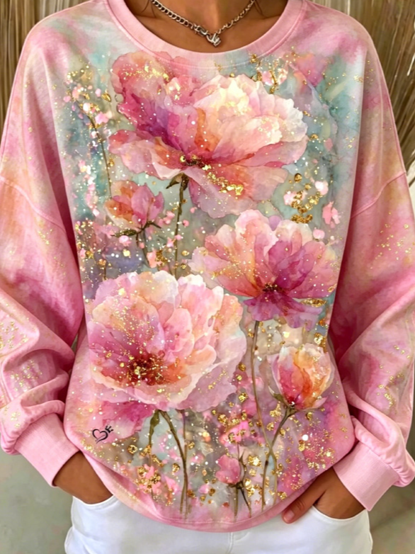 Casual Crew Neck Floral Sweatshirt