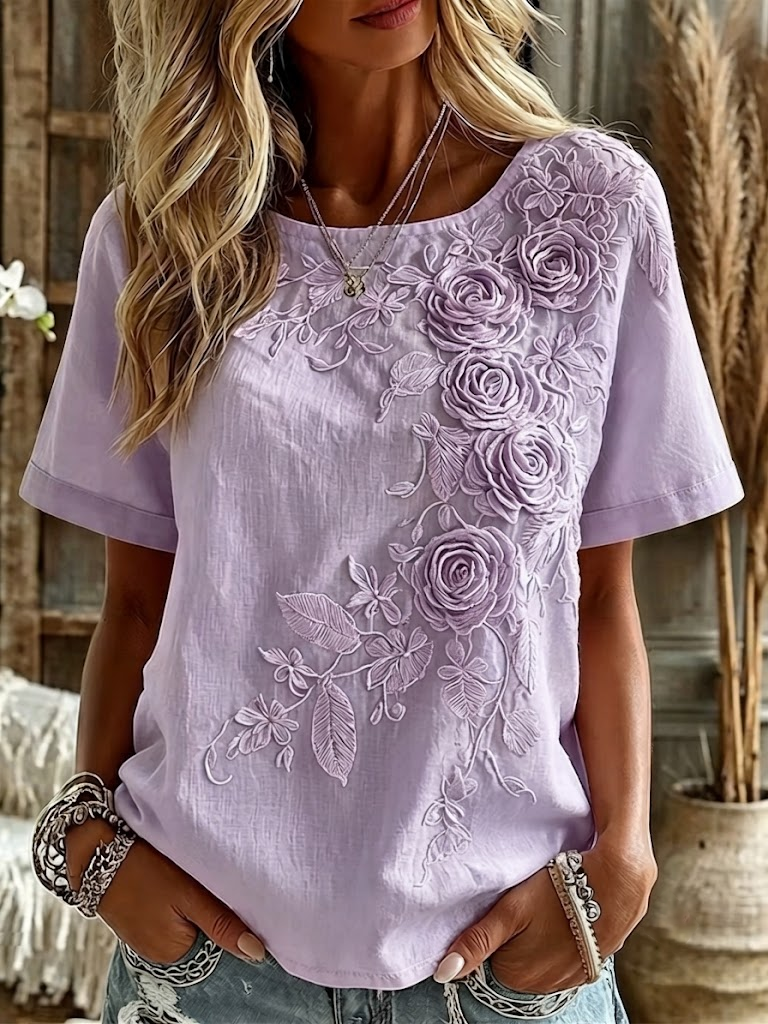 Casual Floral Crew Neck Short Sleeve T-shirt