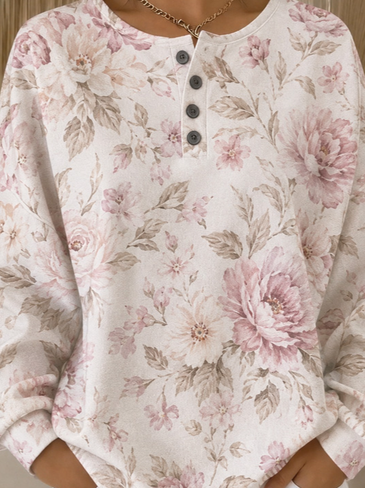 Casual Henley Collar Floral Sweatshirt