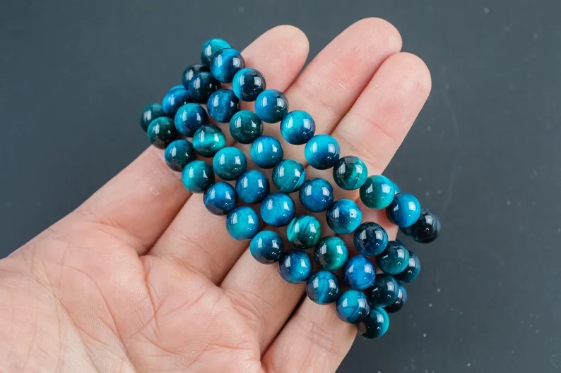Blue Teal Tiger's Eye Bracelet Round Size 6mm,8mm,10mm - Handmade In USA - Natural Gemstone Crystal Bracelets - Handmade Crystal Jewelry