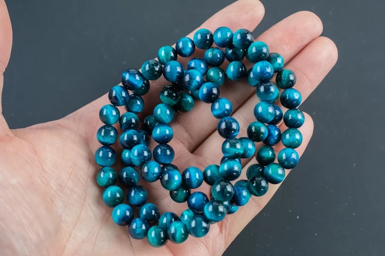 Blue Teal Tiger's Eye Bracelet Round Size 6mm,8mm,10mm - Handmade In USA - Natural Gemstone Crystal Bracelets - Handmade Crystal Jewelry