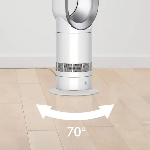 Gros plan sur le ventilateur tour Dyson Cool avec des graphiques montrant les angles d’oscillation.