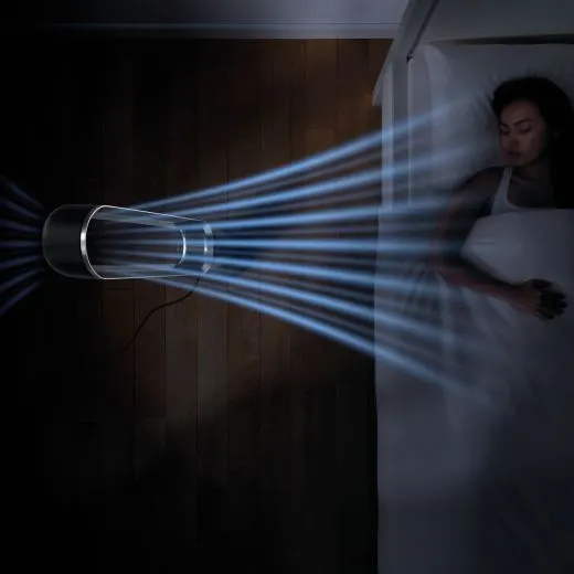 Vue de dessus du ventilateur tour Dyson Cool avec des graphiques montrant le flux d’air.