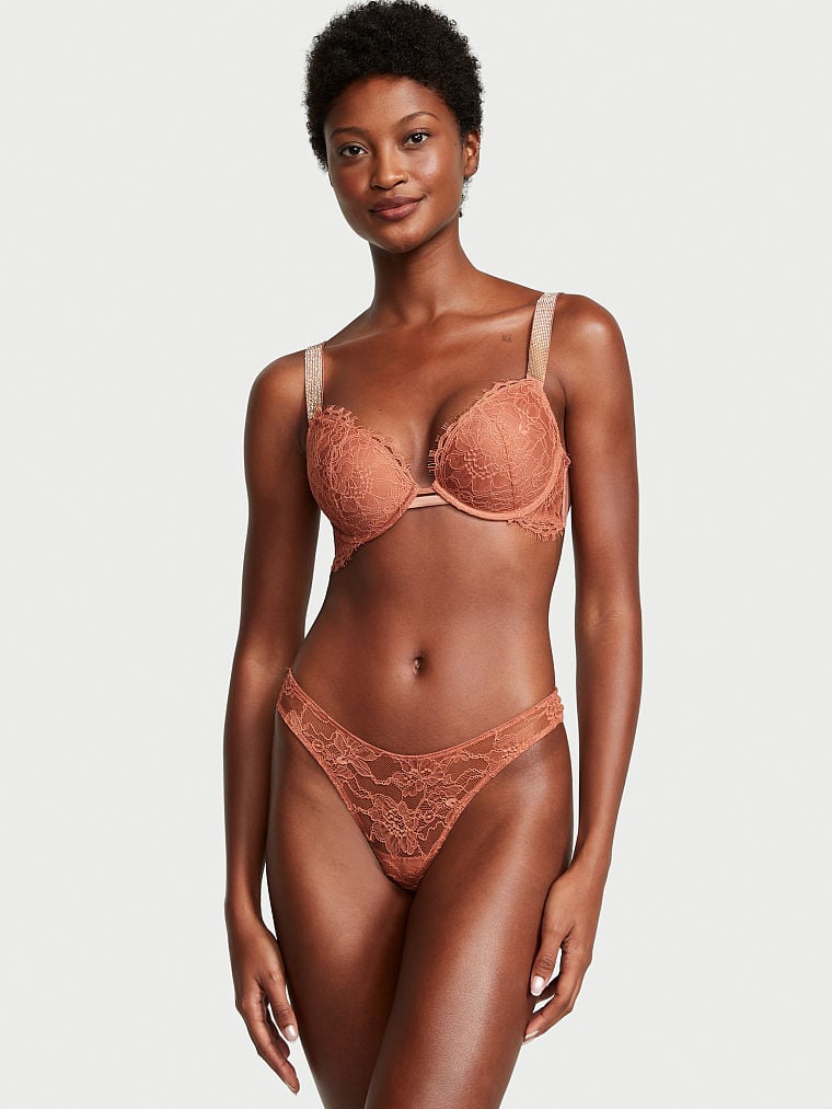Shine Strap Cutout Back Lace Thong Panty