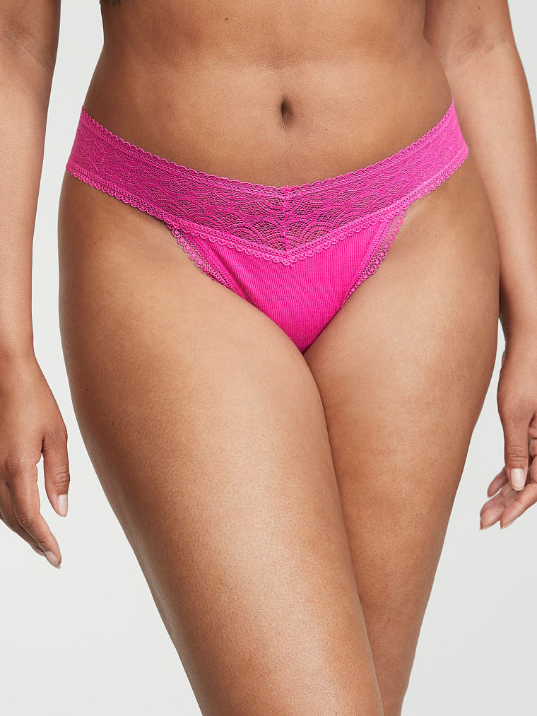 Shimmer Lace Waist Cotton Thong Panty