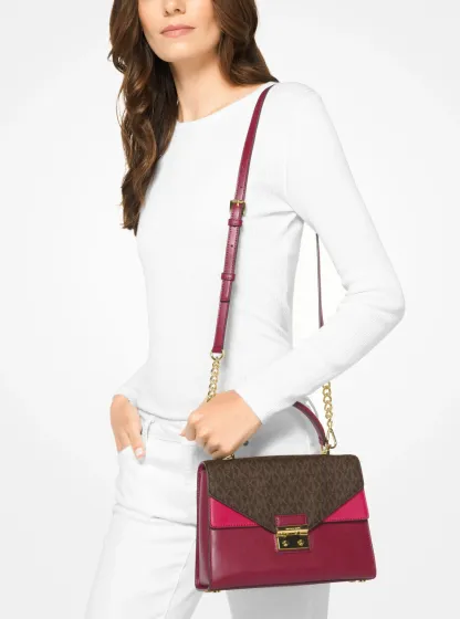 Sloan medium leather shoulder bag - Brown/mulberry red/cranberry red