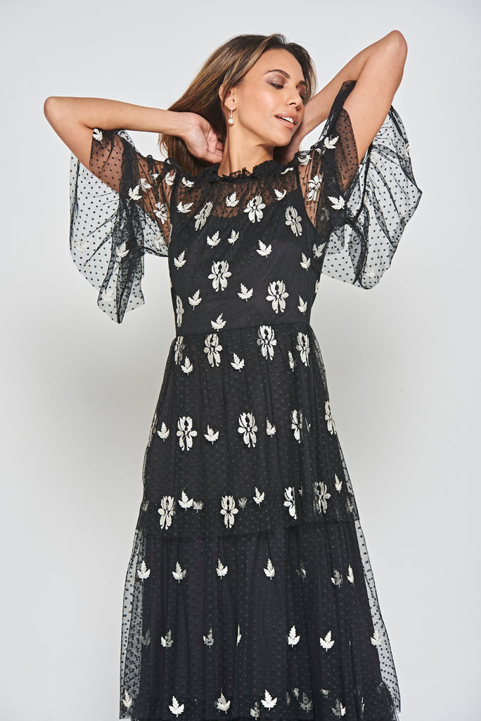 Black Leaf Embroidered Tiered Maxi Dress
