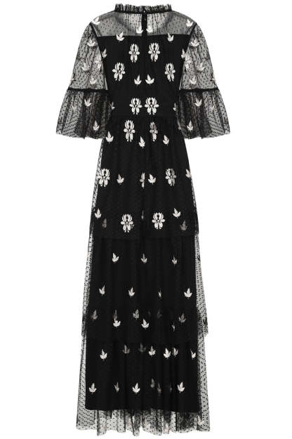 Black Leaf Embroidered Tiered Maxi Dress