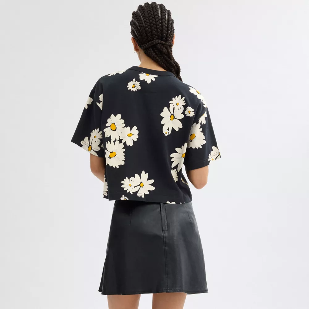 Floral Cropped Signature Script T Shirt In Organic Cotton