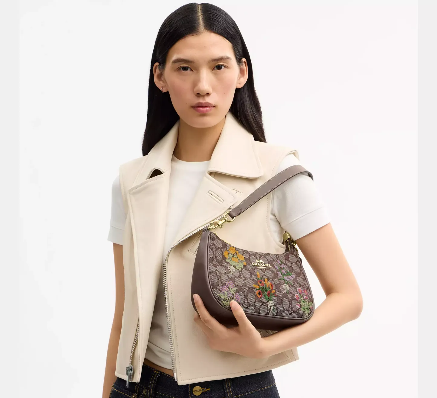 Teri Shoulder Bag In Signature Jacquard With Floral Embroidery