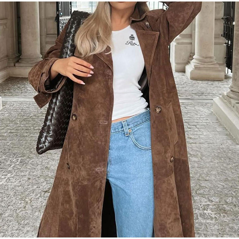 Elegant temperament long - length coat with double - breasted, tie - up waist for autumn and winter
