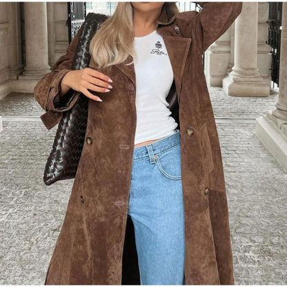 Elegant temperament long - length coat with double - breasted, tie - up waist for autumn and winter