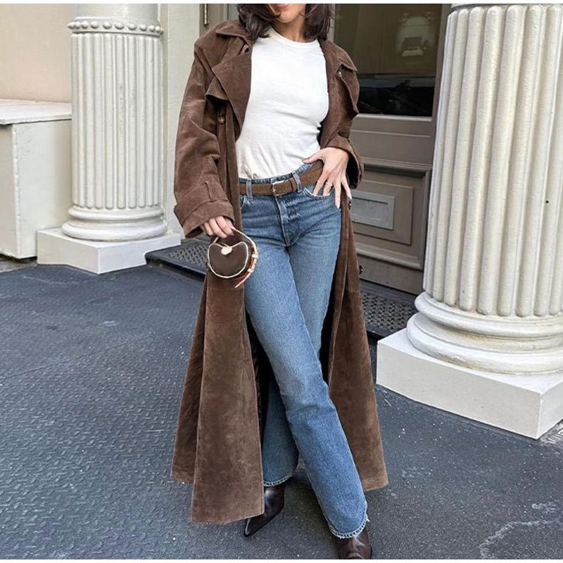 Elegant temperament long - length coat with double - breasted, tie - up waist for autumn and winter
