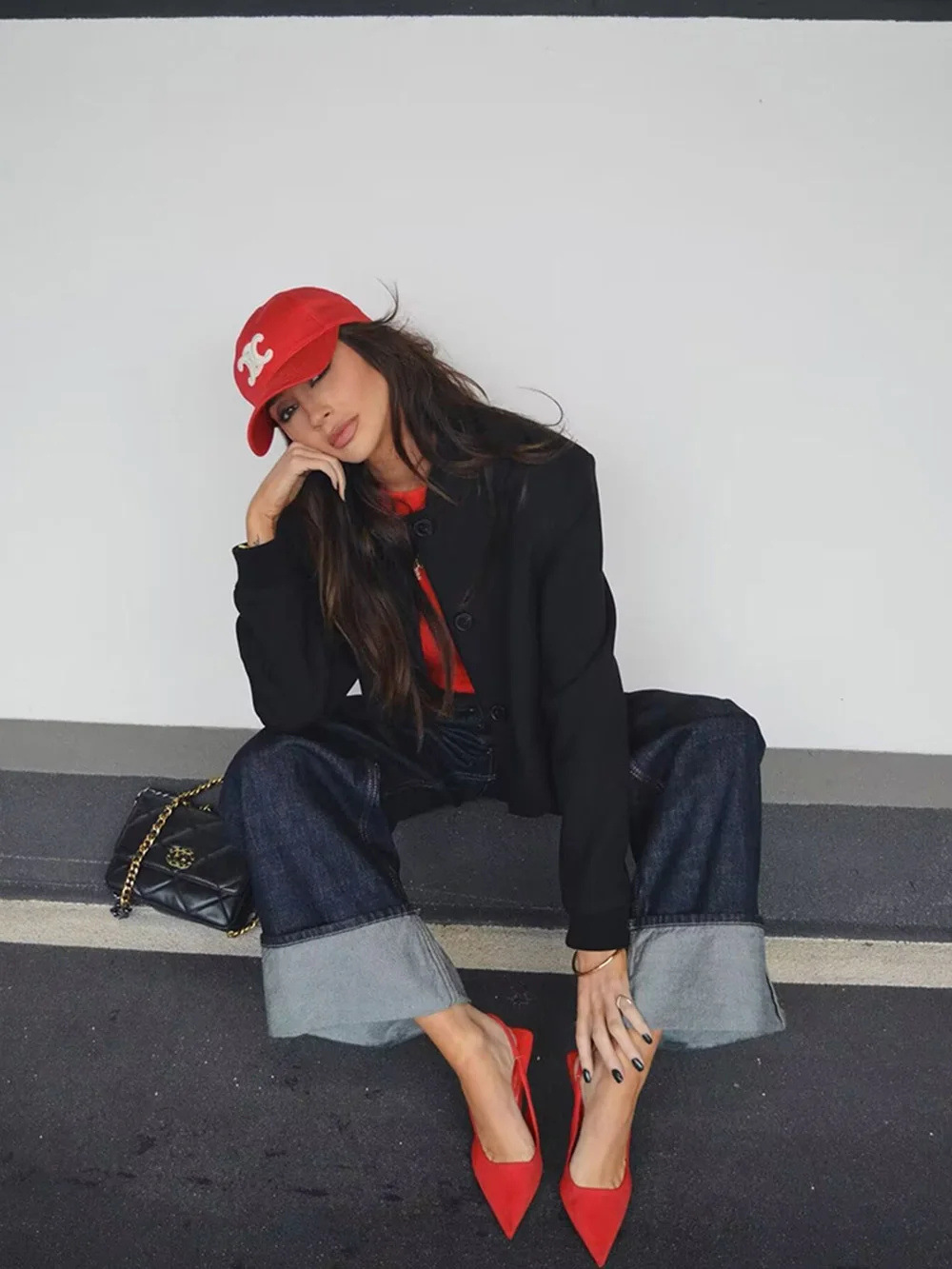 Denim Jacket and Flared Cuffed Pants Set