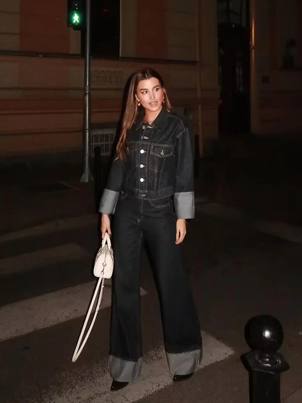 Denim Jacket and Flared Cuffed Pants Set