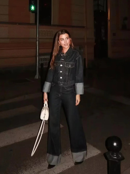Denim Jacket and Flared Cuffed Pants Set