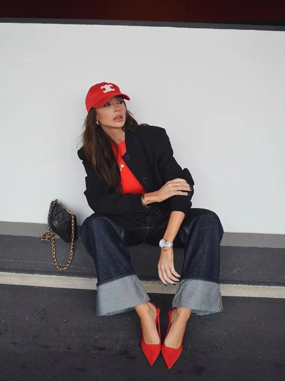 Denim Jacket and Flared Cuffed Pants Set