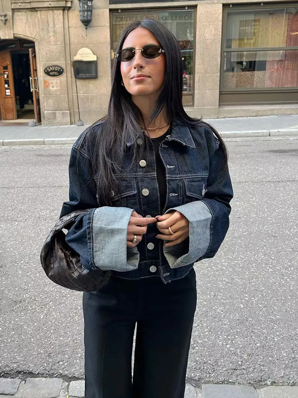 Denim Jacket and Flared Cuffed Pants Set