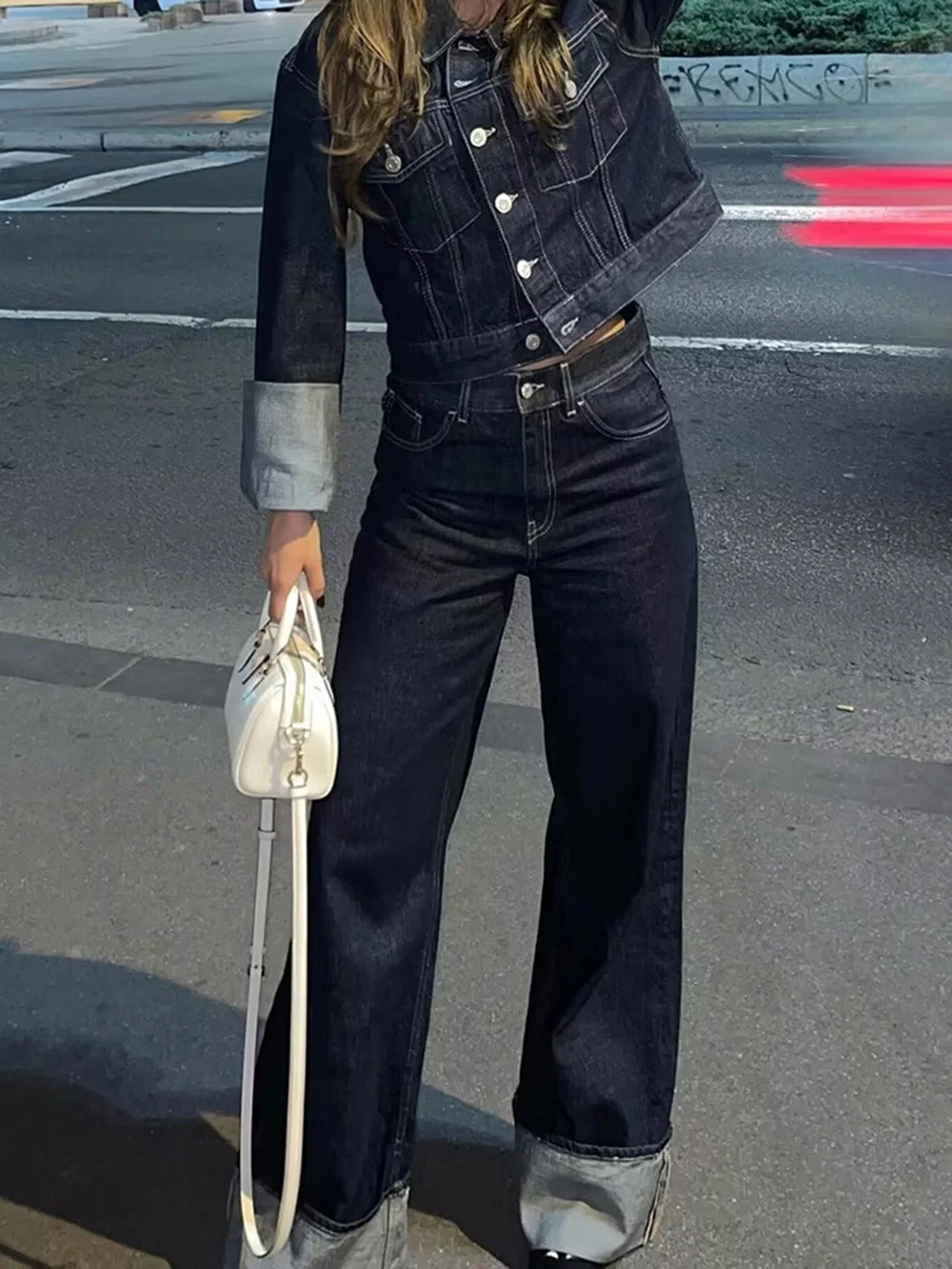 Denim Jacket and Flared Cuffed Pants Set