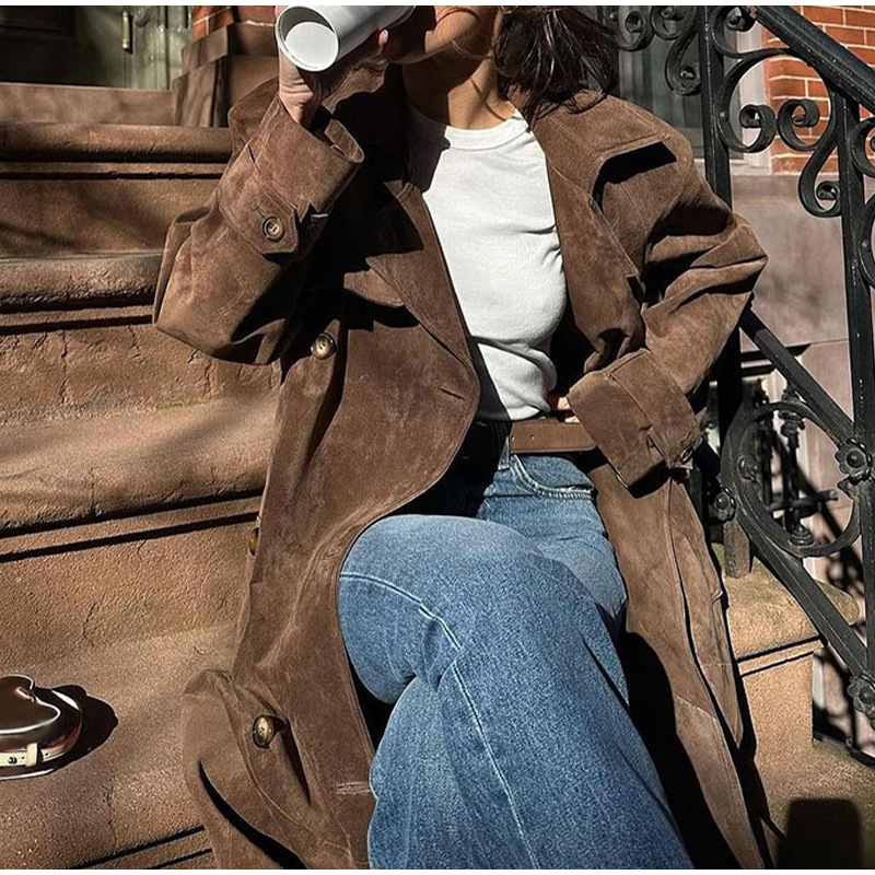 Elegant temperament long - length coat with double - breasted, tie - up waist for autumn and winter