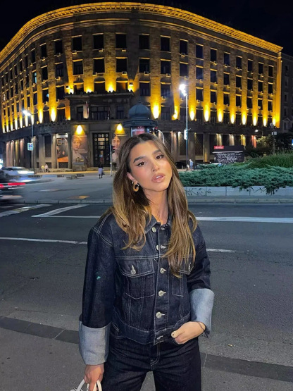 Denim Jacket and Flared Cuffed Pants Set