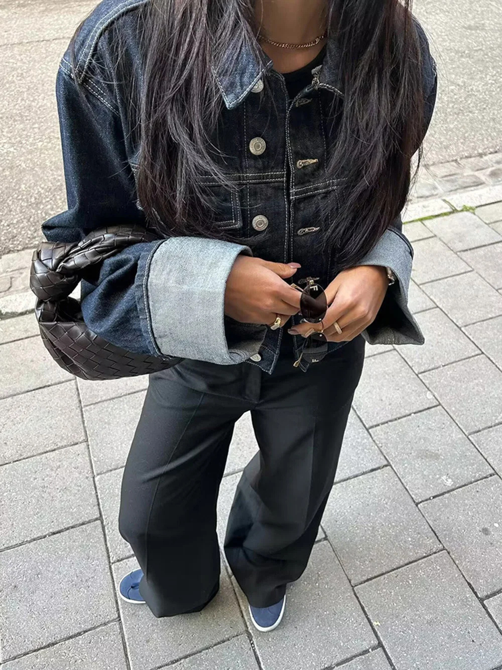 Denim Jacket and Flared Cuffed Pants Set