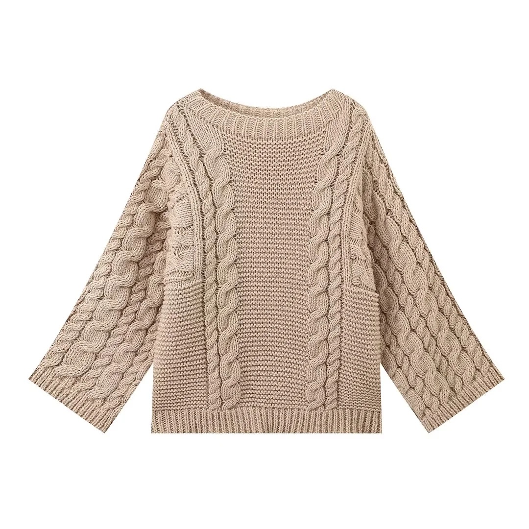 Round-neck bell-sleeve loose-knit sweater