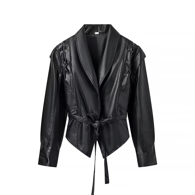 Stylish Lapel Tie-Waist Long-Sleeve Jacket