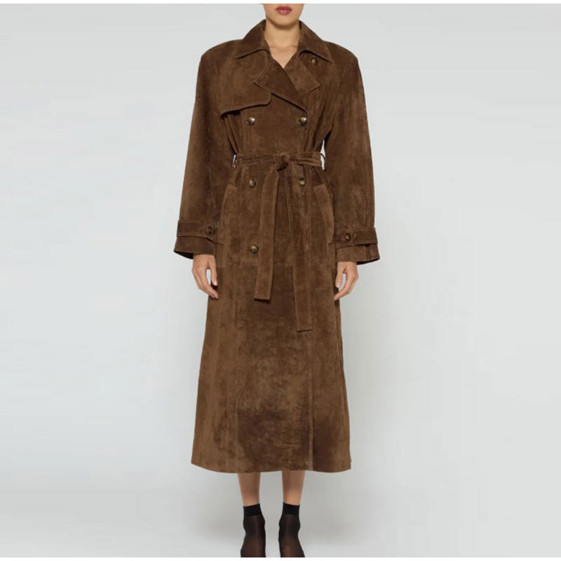 Elegant temperament long - length coat with double - breasted, tie - up waist for autumn and winter