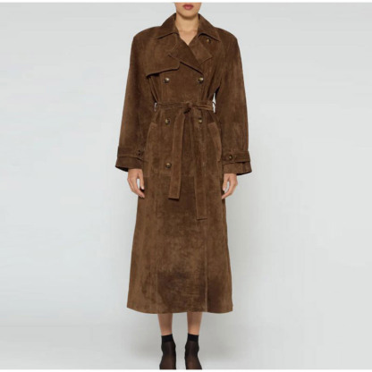 Elegant temperament long - length coat with double - breasted, tie - up waist for autumn and winter