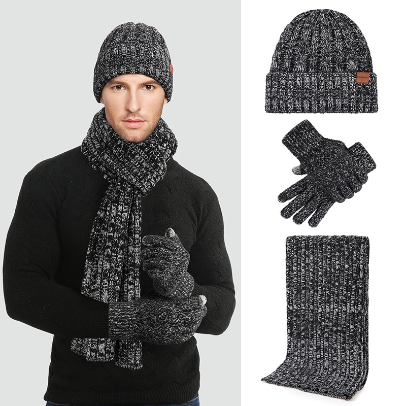 Add velvet warm knitted hat scarf gloves three-piece set