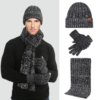Add velvet warm knitted hat scarf gloves three-piece set