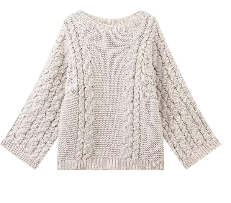 Round-neck bell-sleeve loose-knit sweater