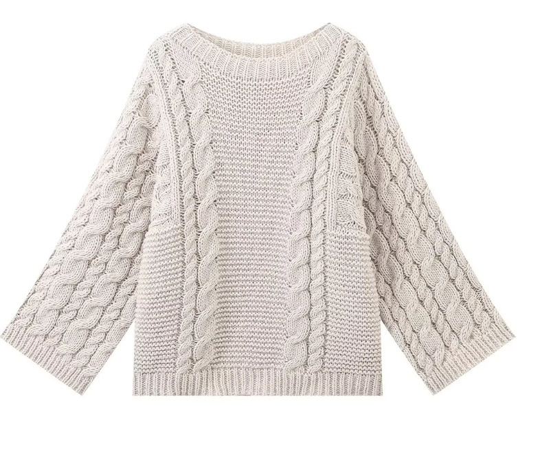 Round-neck bell-sleeve loose-knit sweater
