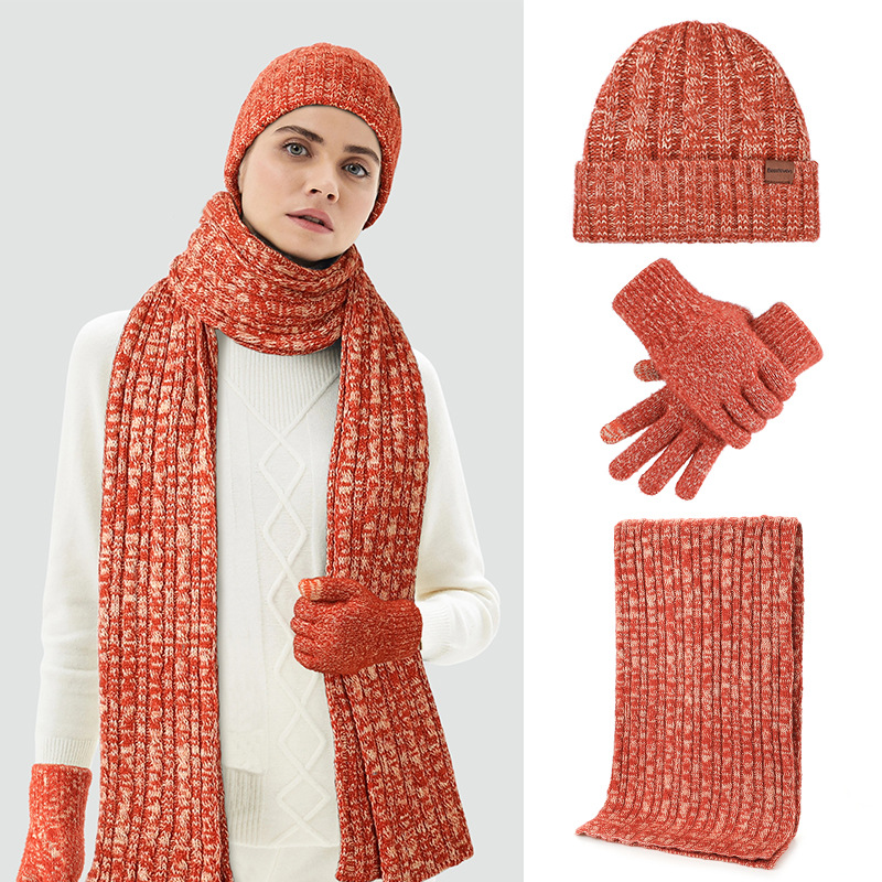 Add velvet warm knitted hat scarf gloves three-piece set
