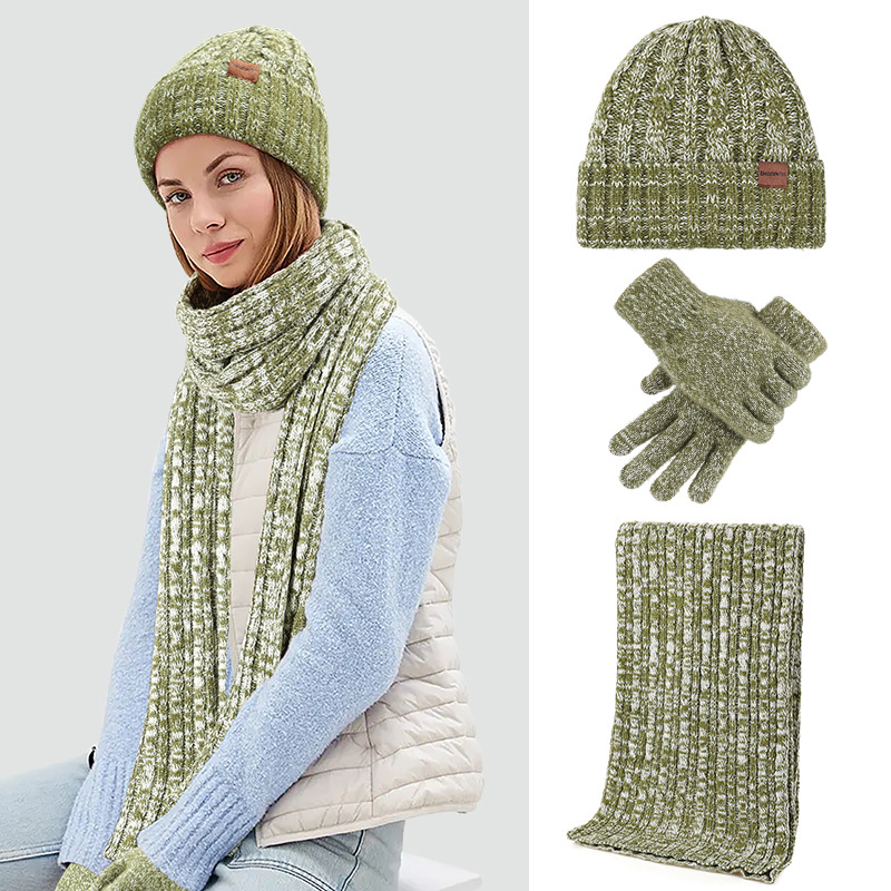 Add velvet warm knitted hat scarf gloves three-piece set