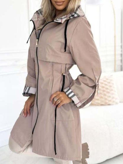 Women's Hooded Zipper Drawstring Plaid Print Casual Long Coat-XS-3XL