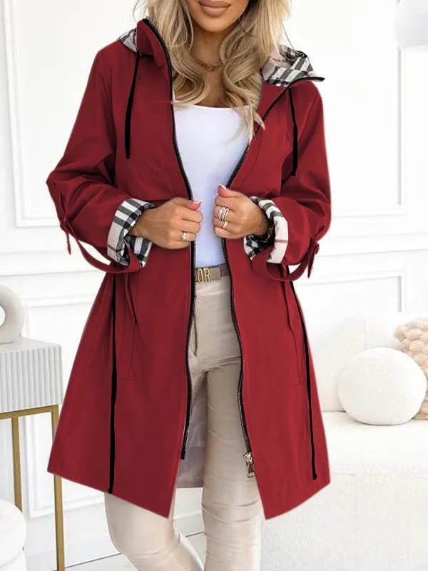 Women's Hooded Zipper Drawstring Plaid Print Casual Long Coat-XS-3XL