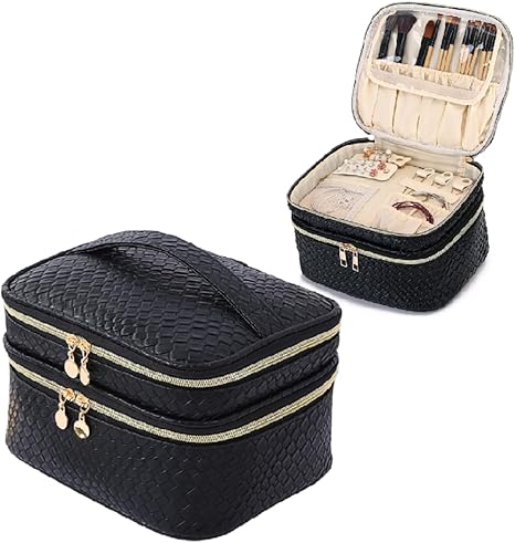 Makeup Bag for Women Double Layer Cosmetic Bag with Jewelry Compartment Large Toiletry Bag for Traveling Portable Makeup Storage Box (A/Black)