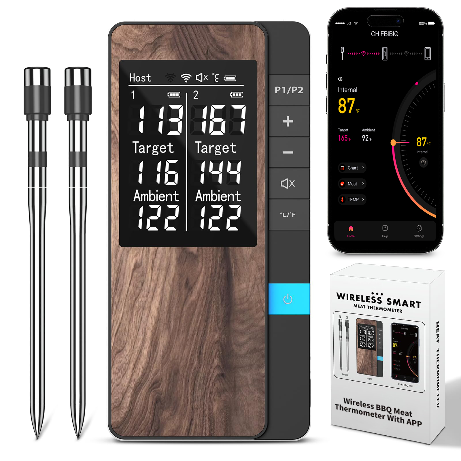 Grillpar – Intelligentes Bluetooth-Fleischthermometer, drahtloser Temperaturmonitor für Steak, Räuchern und BBQ