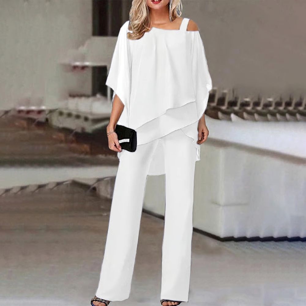 Lightweight Chiffon Two-Piece Set — Flowy Layered Top + Wide-Leg Pants for Women
